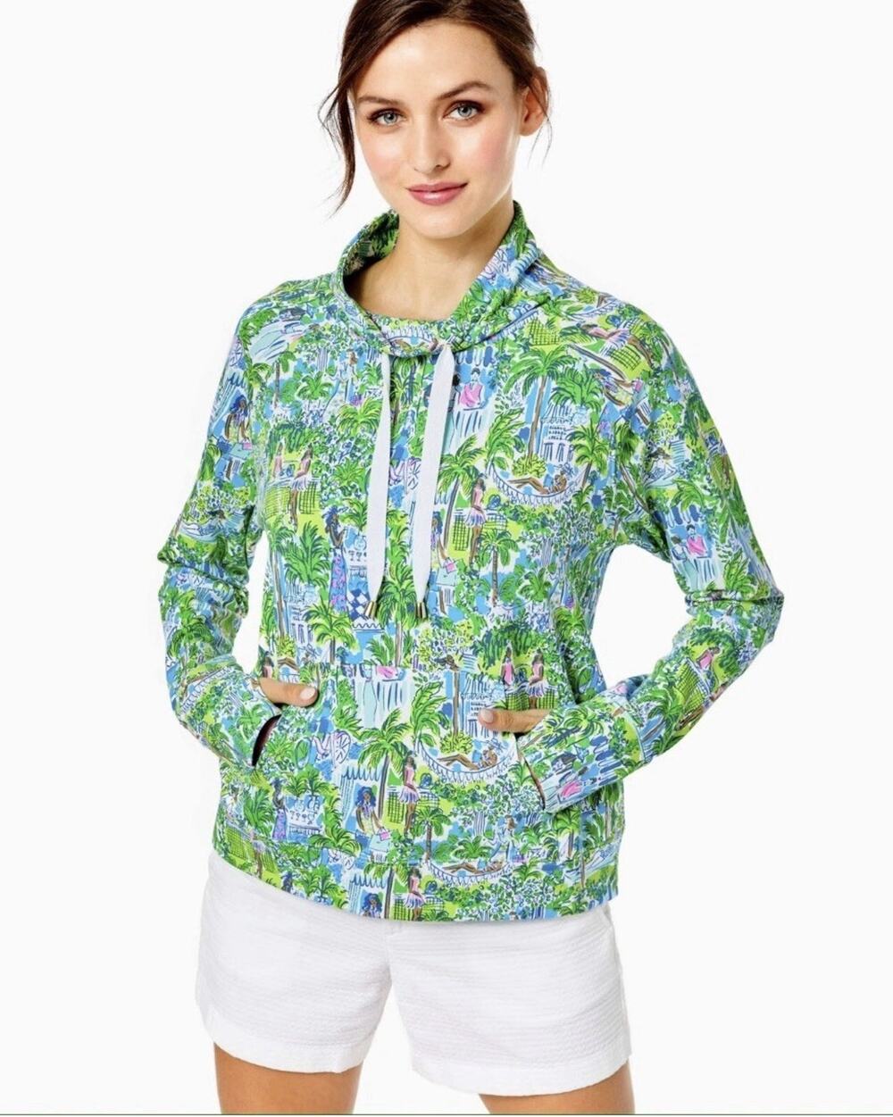 Lilly Pulitzer Jax Popover Sweatshirt XS Green Lilly on Holiday Tropical Ac24